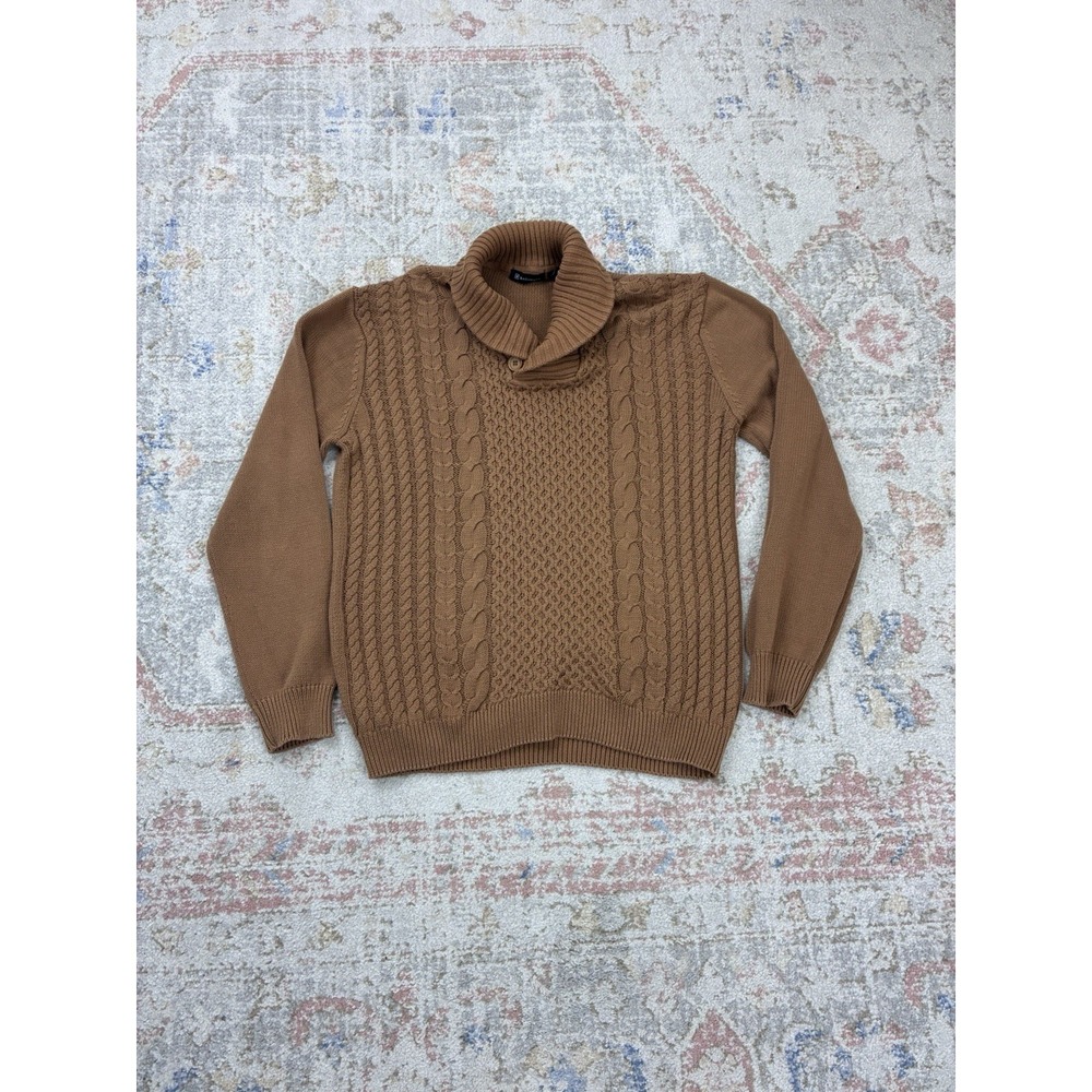 Bachrach Men's XL Brown Cable Knit Shawl Neck Sweater Button Accent Cozy